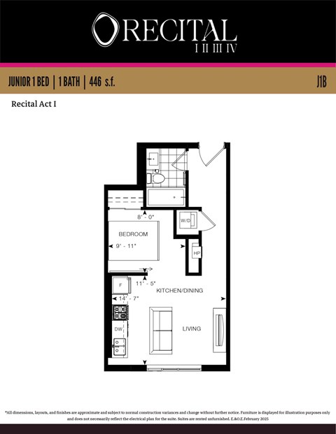 Floor plan for 1 bed, 1 bath, 446 sqft